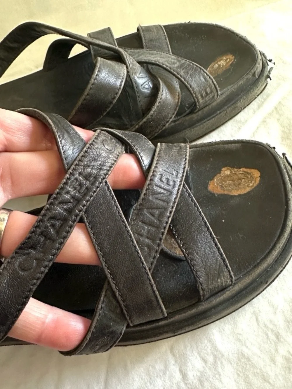 VINTAGE 1990s CHANEL DEBOSSED LOGO PLATFORM SANDALS CROSSOVER STRAPS BLACK 38